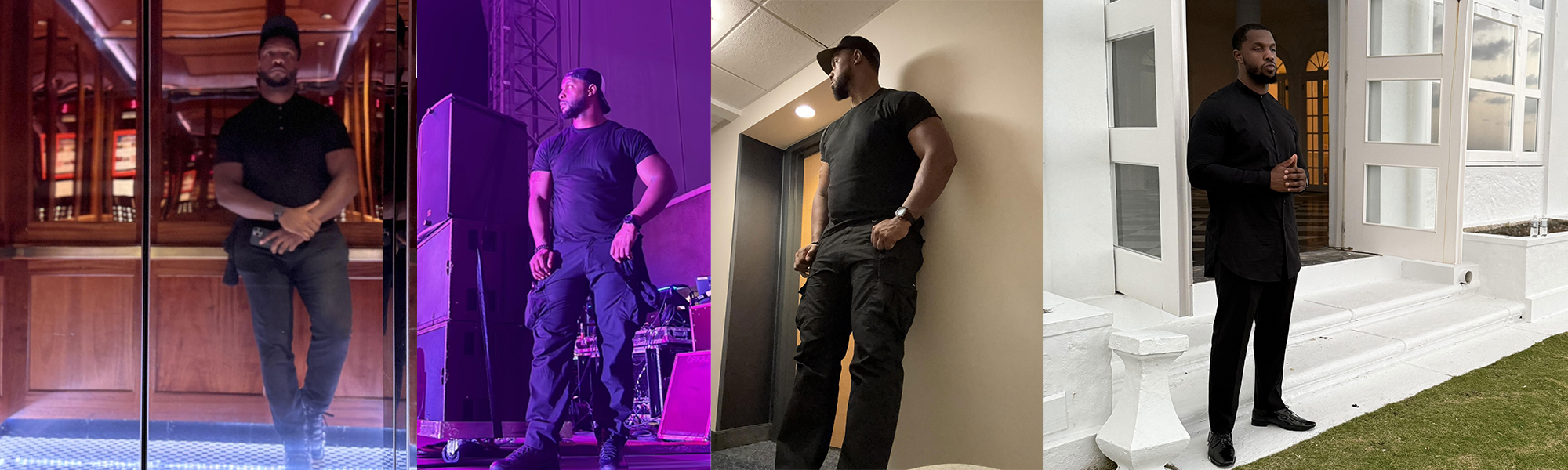Four side-by-side photos of Quinton Coples in different settings, wearing dark casual outfits.