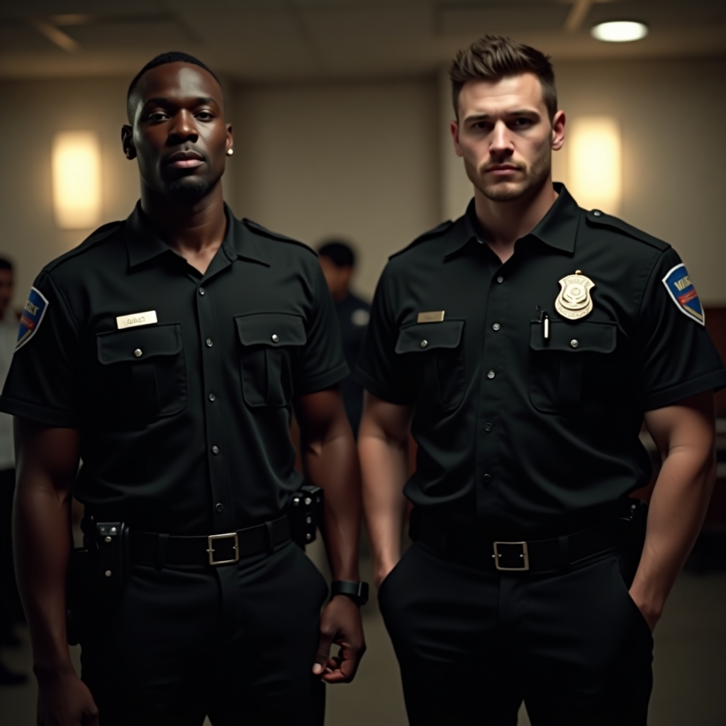 Two uniformed executive protection officers stand indoors, conveying readiness and professionalism for venue security.